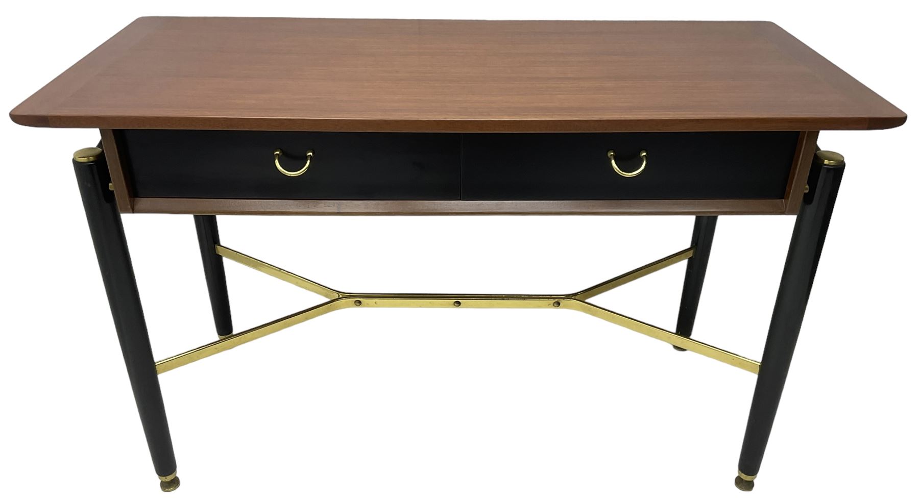 E. Gomme for G-Plan - ‘Librenza’ afrormosia and black finish console, fitted with two drawers, on turned supports united by brass stretchers