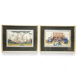 Chinese School (Qing Dynasty 19th century): Chinese Dignitary and Subjects and Birds in a Rocky Landscape, pair gouache and watercolour paintings on rice paper unsigned 20cm x 32cm (2)