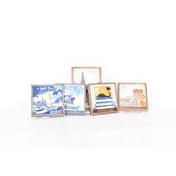 Five Dutch Westraven tiles, to include four square examples depicting maritime and similar scenes, and a rectangular example depicting a village scene, square tiles 10cm x 10cm, rectangular tile 15cm x 10cm