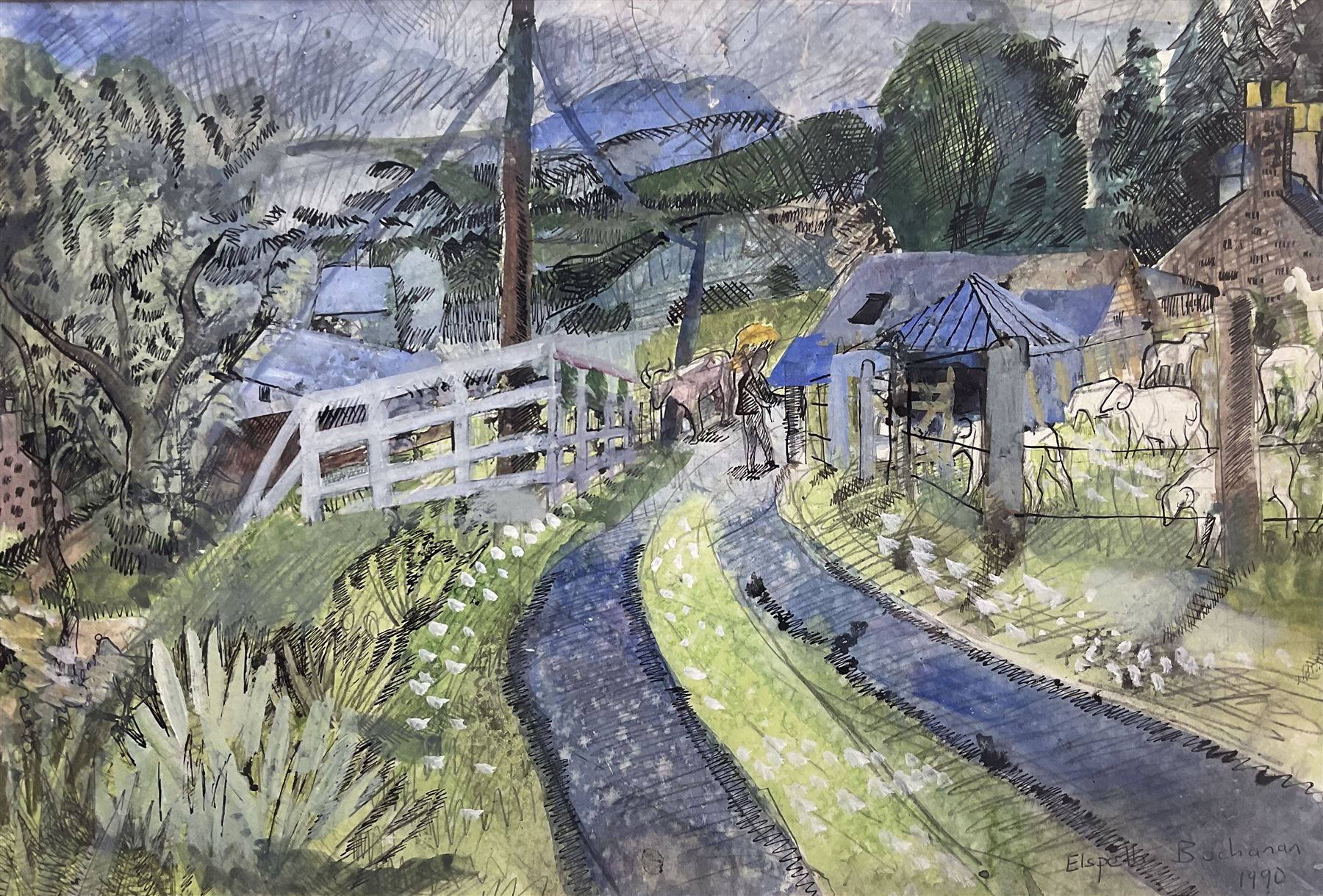 Elspeth Buchanan (Scottish 1915-2011): 'Schiehallion and a Perthshire Farm', mixed media signed and dated 1990, titled on label with artist's address verso 39cm x 58cm