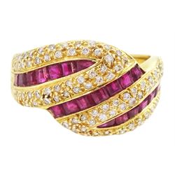 18ct gold calibre cut ruby and round brilliant cut diamond ring, stamped 750