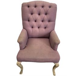 Voyage - four high back armchairs upholstered in buttoned lilac and tweed fabric, painted cabriole legs