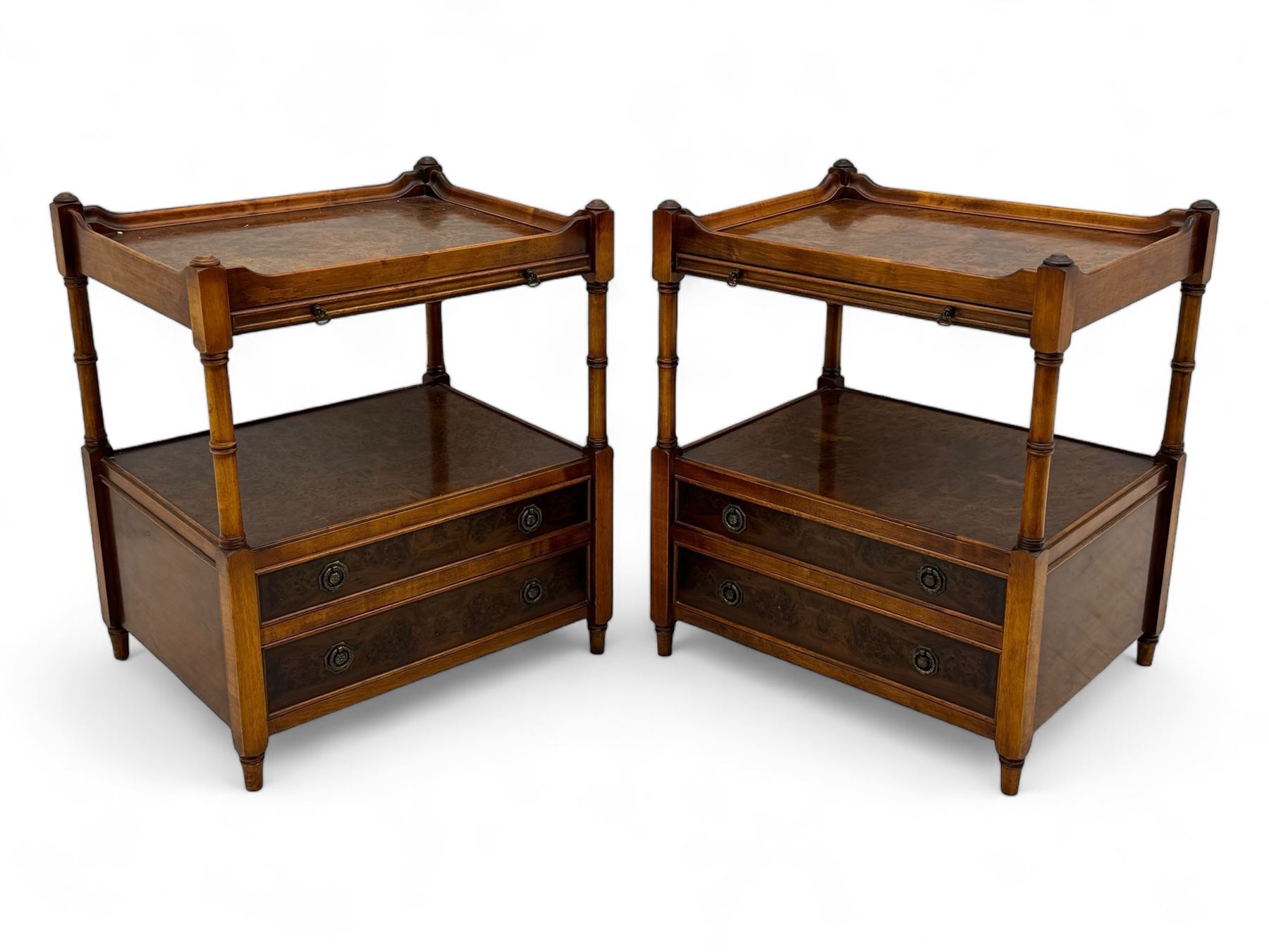 Wade - pair of Georgian design yew wood bedside or lamp tables, each with raised tray top over single shelf, the lower section fitted with two drawers with brass ring handles, raised on turned supports