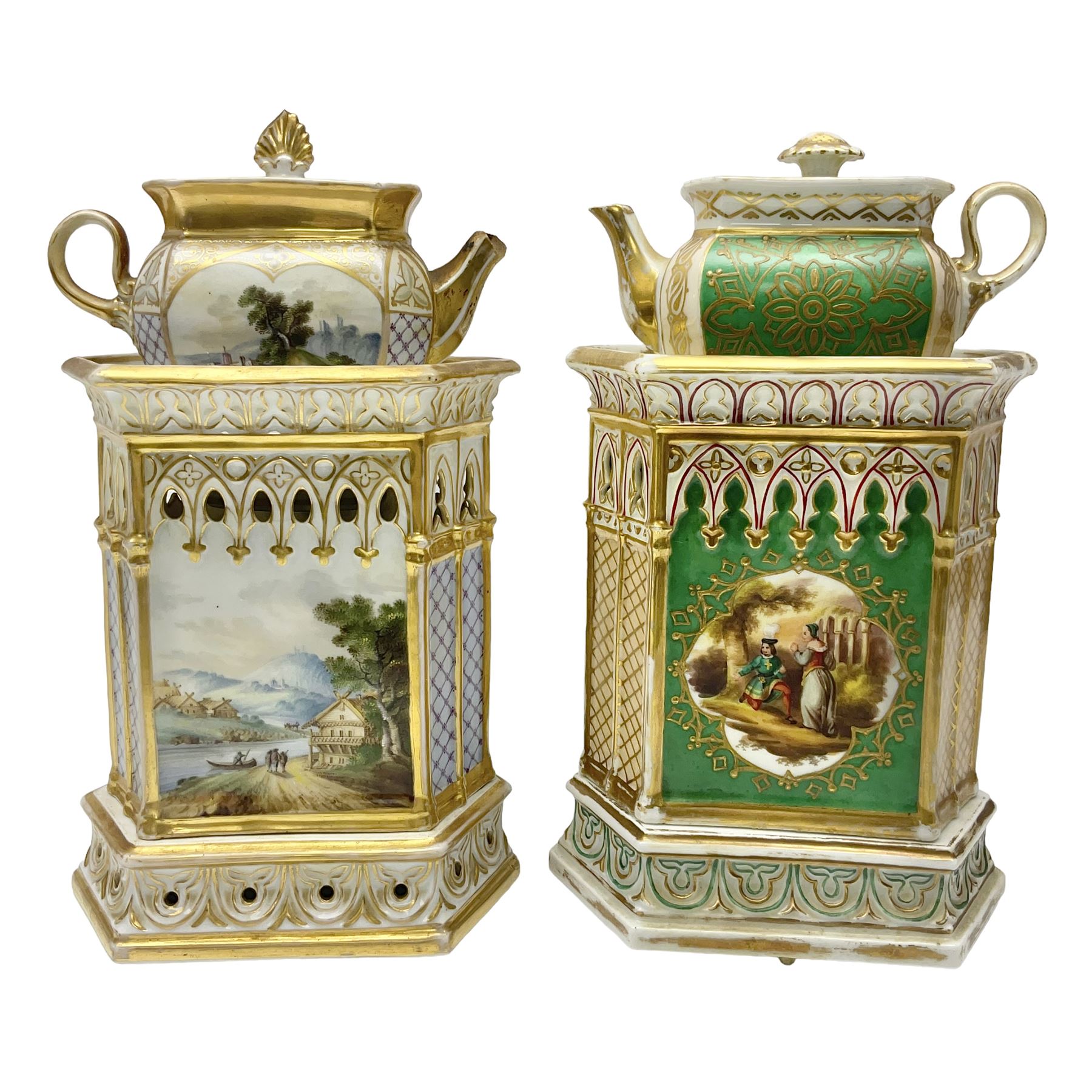 Two 19th century continental teapots and warmers, each teapot upon a hexagonal warming base, the first example painted with landscape scenes, the second with nesting birds in gilt branches, H28cm