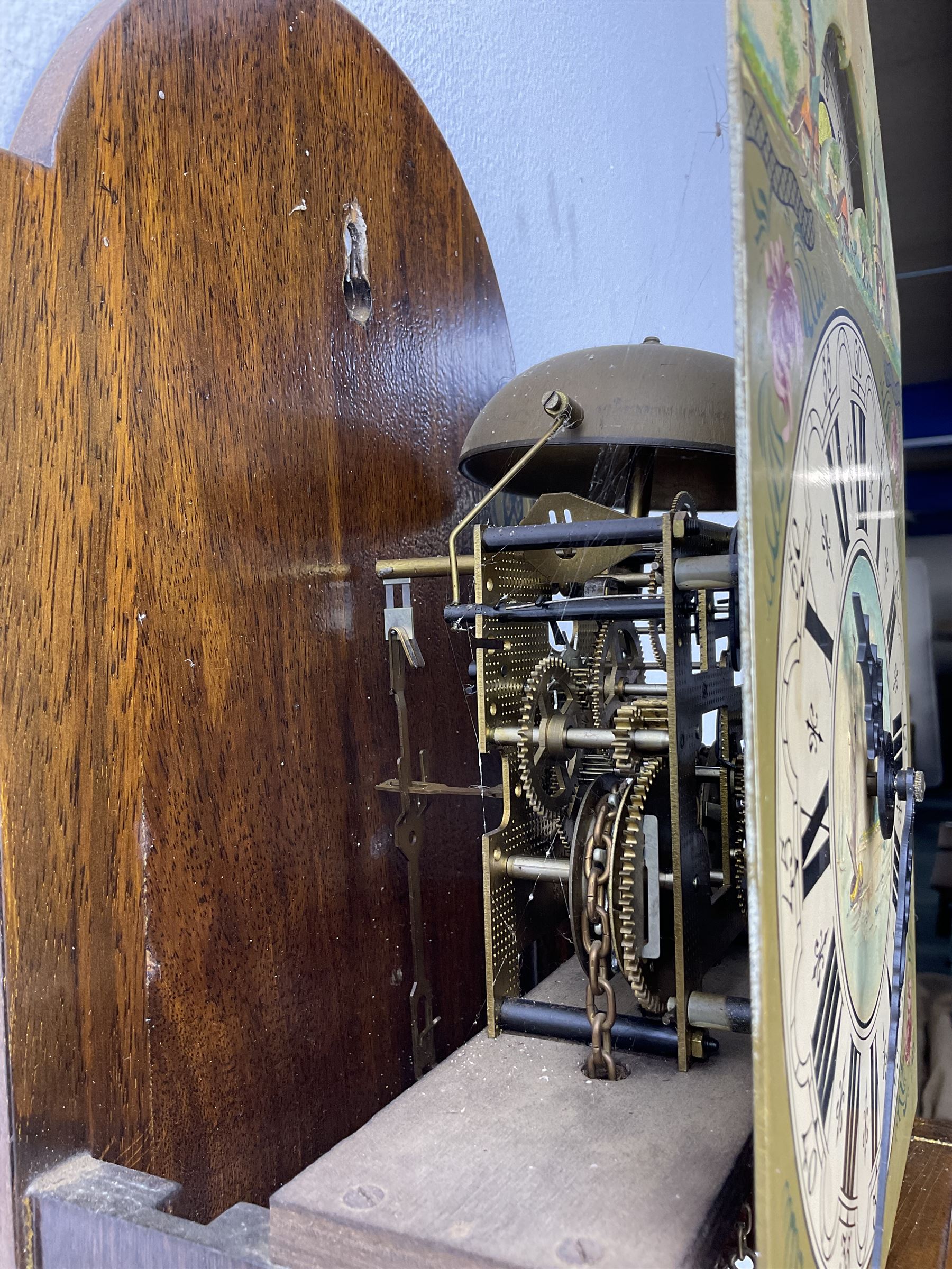 20th century weight driven Dutch WUBA wall clock -  with a break arch top and mounted gilt figures to the arch, painted dial with working moon disc, chapter ring with Roman numerals and pierced steel hands, twin train chain driven movement striking the hours on a bell. With pendulum and brass cased weights.