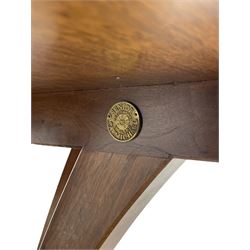 Senior & Carmichael, Betchworth - Georgian design walnut centre table, the circular moulded top with satinwood band and central star inlay, quadriform base with central orb and applied makers plaque, raised on splayed supports