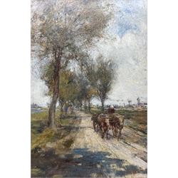 Rowland Henry Hill (Staithes Group 1873-1952): Ox Drawn Cart in Flatland Landscape, oil on...