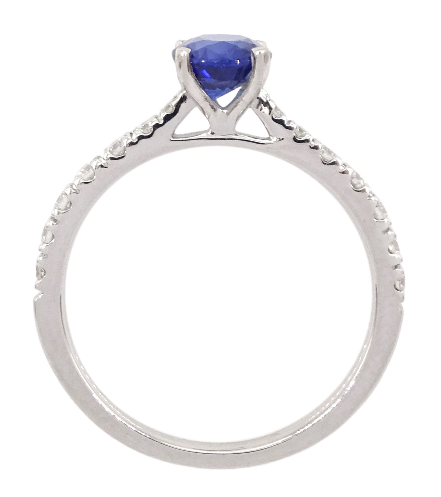 18ct white gold oval cut Ceylon sapphire ring, with diamond set shoulders, sapphire approx 0.90 carat