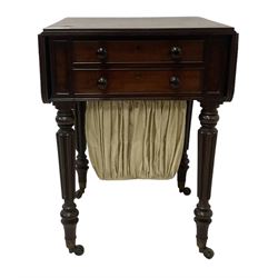 19th century mahogany drop-leaf work table, rectangular top with rounded corners, fitted with two cock-beaded drawers over pleated silk storage well, with matching opposing faux drawers, on turned and lobe moulded supports on castors