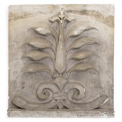 D Brucciani. London - After the Antique - Two Architectural plaster panels decorated with anthemion and acanthus leaves, larger 47cm x 32cm, a plaster pinnacle also by Brucciani No.3149 64cm x 24cm and a composition dolphin (4)