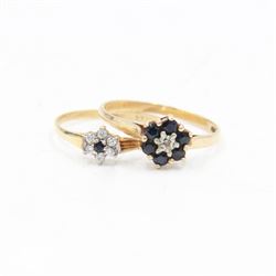 Two 9ct gold stone set flower head rings, to include sapphire and diamond example and a cubic zirconia example, both hallmarked 