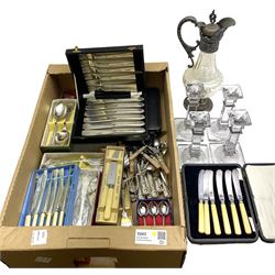 Metal mounted clear glass claret jug, together with a set of four clear glass candlesticks, and a group of assorted silver plated flatware, to include a number of sets, some cased, in one box 