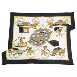 Hermes 'Le Voitures a Transformation' silk scarf, in the black and cream colourway, design...