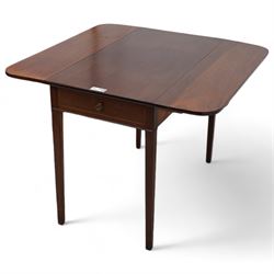 19th century mahogany Pembroke table, rectangular drop-leaf top with rounded corners, fitted with single end drawer, on square tapering supports