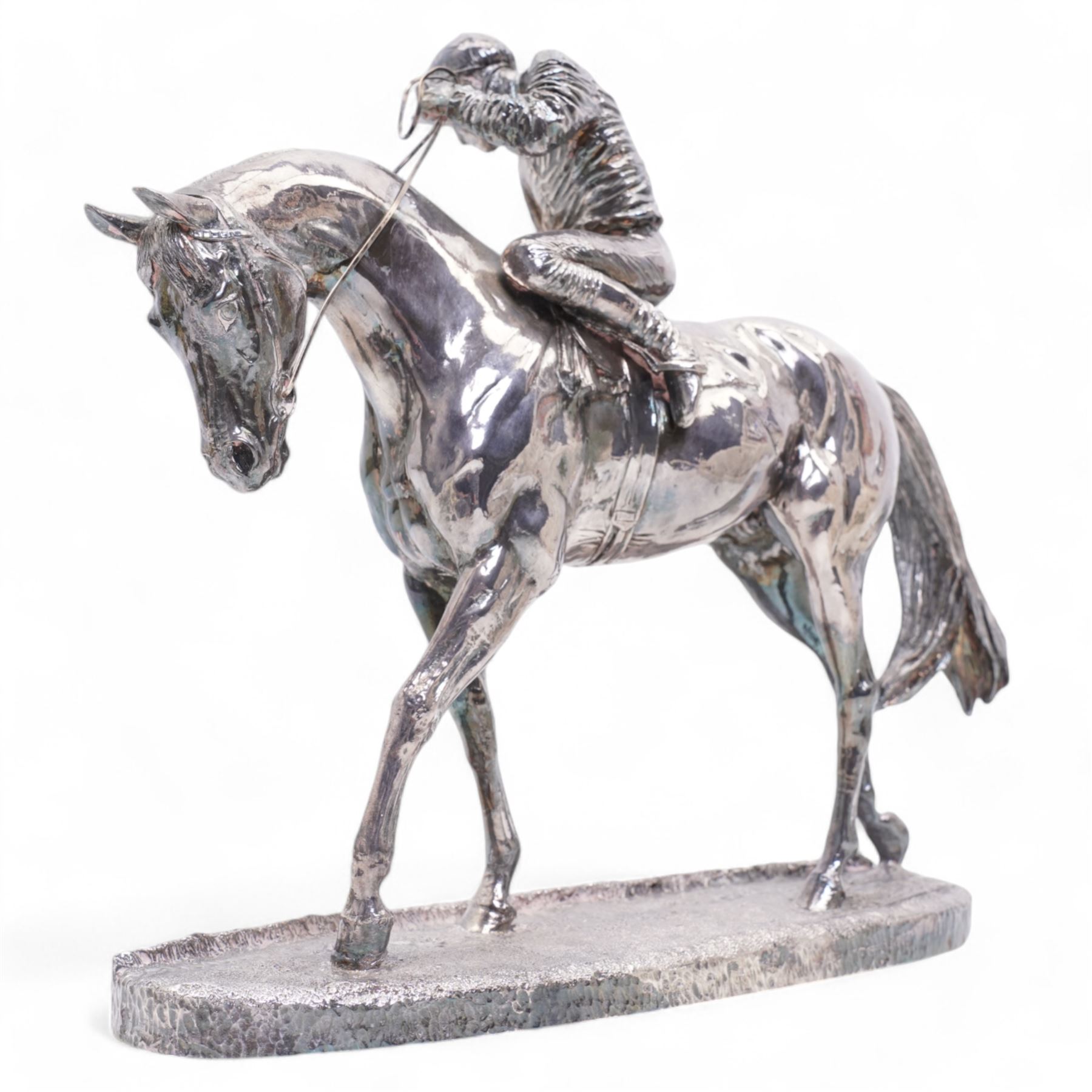 Elizabeth II silver racehorse and jockey, modelled by David Geenty, by Camelot Silverware, Sheffield 1995 (filled), on oval base modelled as turf, L34cm x H27cm