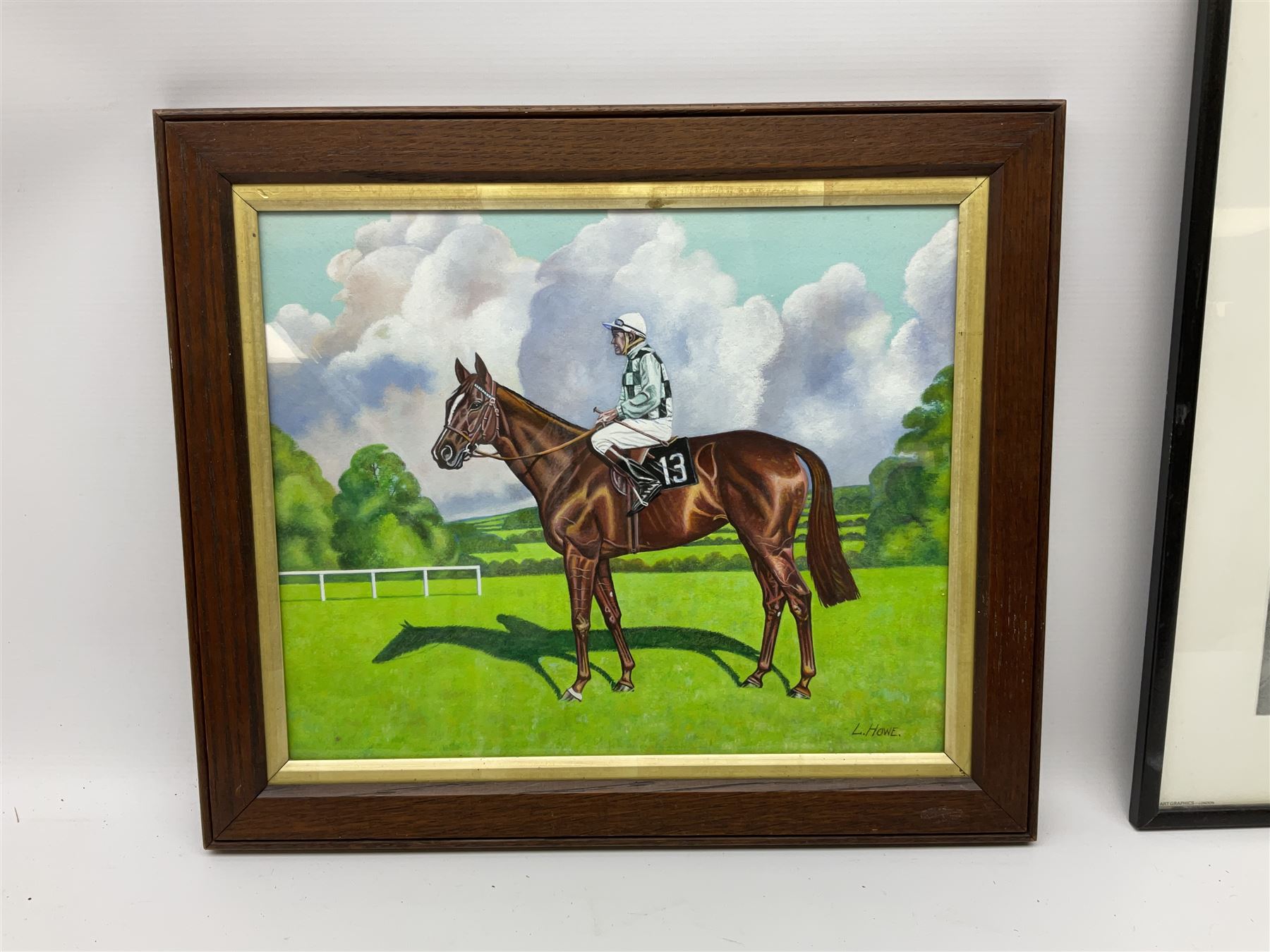 L Howe (British 20th century): Portrait of Racehorse and Jockey, watercolour signed; pair prints of Spotted Pigs and three further prints (6)