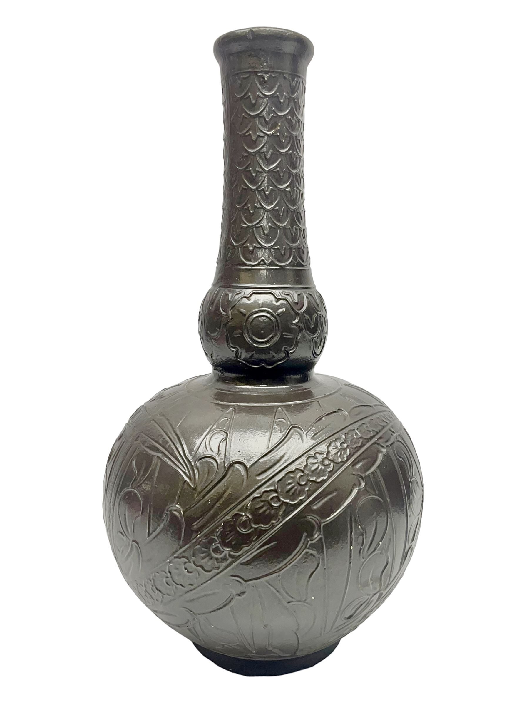 Burmantoft vase with slender neck, tubeline decoration on a brown ground, with impressed mark beneath, H38cm