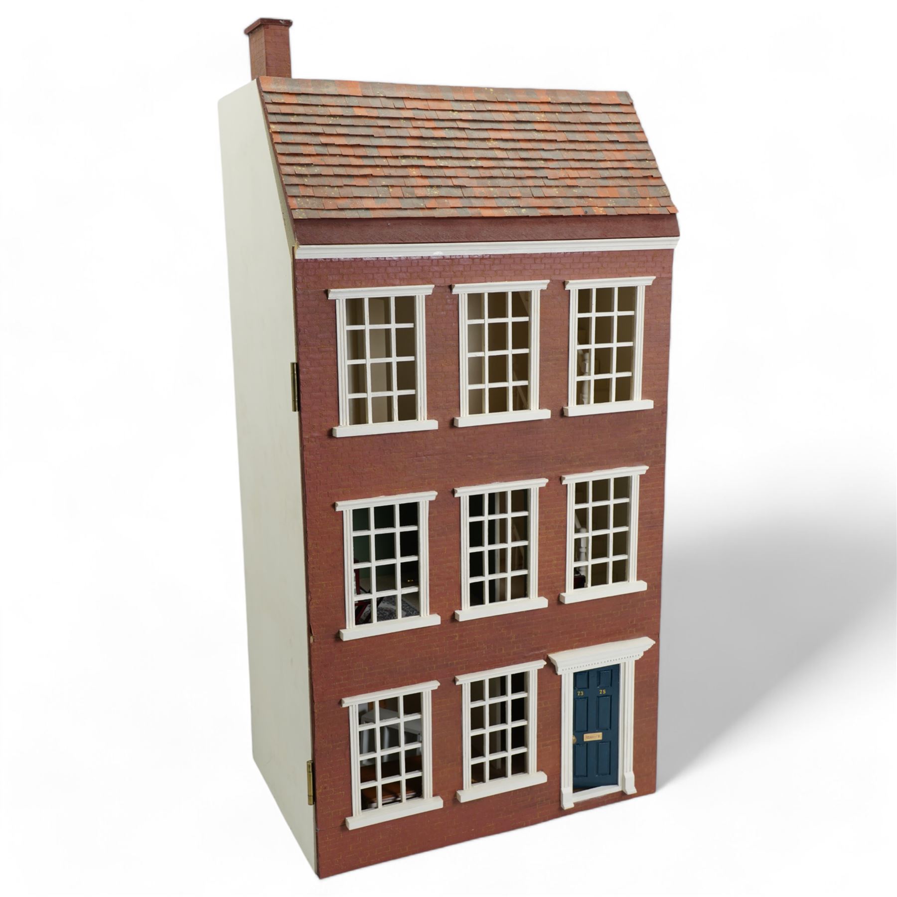 Modern scratch-built model of 73-75 Micklegate, York, a Georgian three storey town house, with partially furnished rooms, H95cm x D32cm