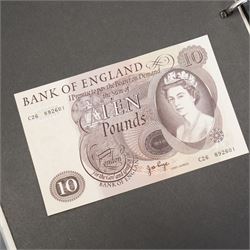 Banknotes including Bank of England Peppiatt ten shillings 'U43D', one pound 'R26H', O'Brien ten shillings 'S27Y', Helmeted Britannia five pounds 'H63', various Fforde ten shillings, five pounds '30A', Page ten pounds 'C26', various British Armed Forces notes etc, housed in a ring binder folder