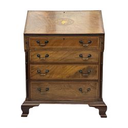 Georgian design mahogany bureau, moulded fall front with central floral inlays and satinwood band, fitted with four graduating drawers enclosed by ring turned pillars, on ogee bracket feet 