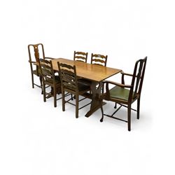 20th century light oak refectory dining table, rectangular top on shaped and pierced end s...