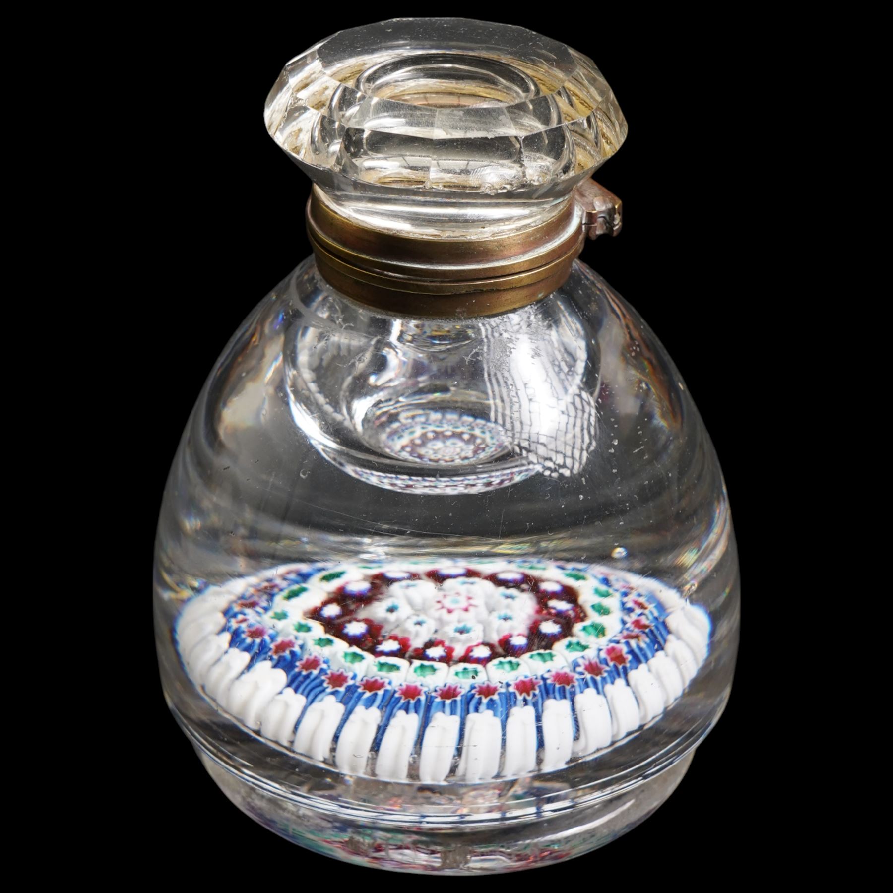 Whitefriars design glass inkwell of footed domed form with hinged lid and interior decoration of concentric circles of millefiori canes in blue, white etc H13cm