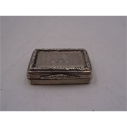 William IV silver vinaigrette, of rectangular form, with engine turned decoration throughout, chased scrolling borders and engraved cartouche to hinged cover, opening to reveal gilt interior with typical pierced cover, hallmarked Charles Reily & George Storer, London 1834, W3.7cm