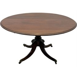 Early 19th century mahogany breakfast table, circular moulded tilt-top, turned pedestal on four splayed supports