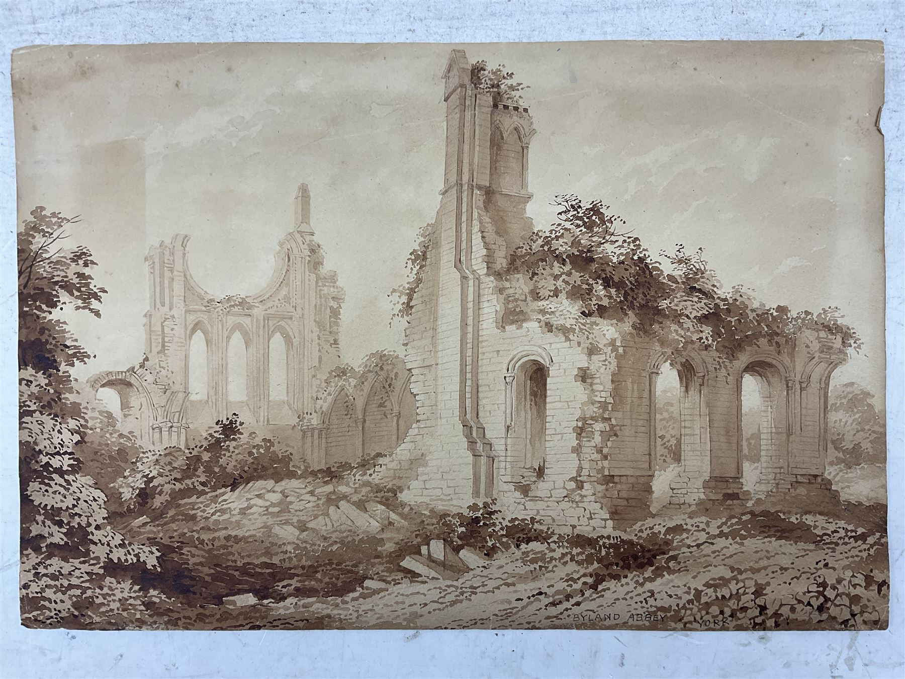 English School (19th century): 'Byland Abbey - York', sepia watercolour titled unsigned 29cm x 43cm