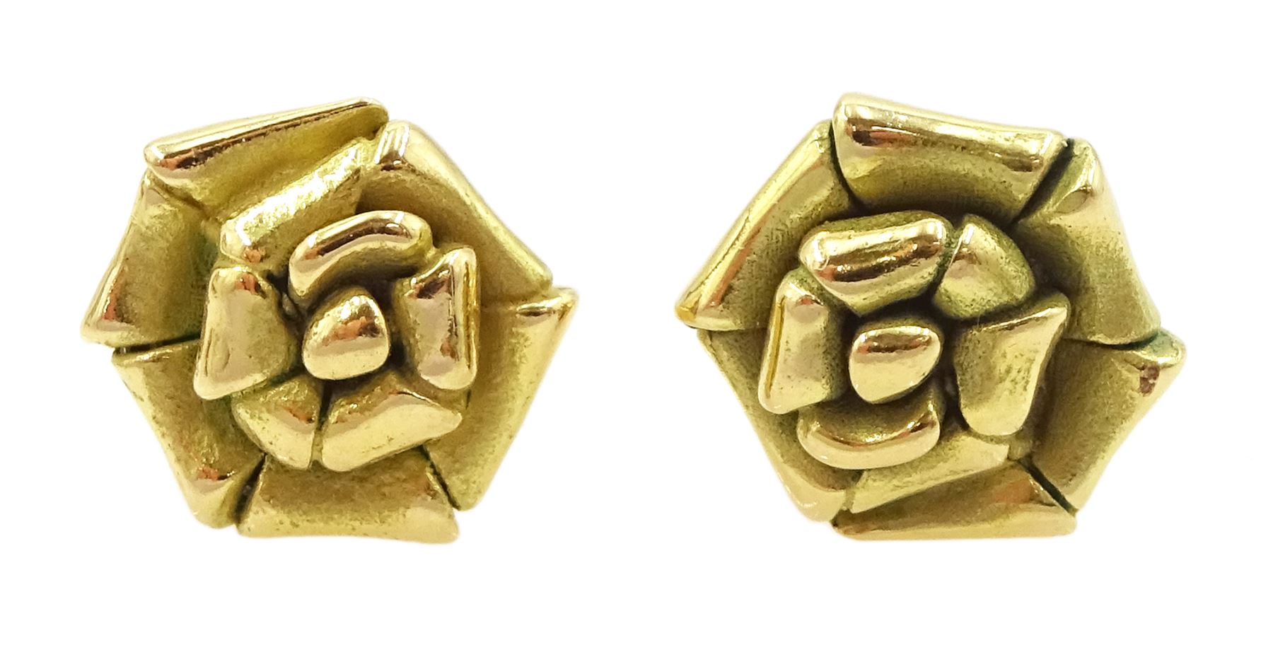 Pair of 18ct gold rose flower stud earrings by Atelier Torbjörn Tillander, hallmarked, boxed