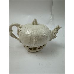 Belleek Sea Urchin teapot and sugar basin, together with Belleek Nautilus jug, small dish, teacup and saucer