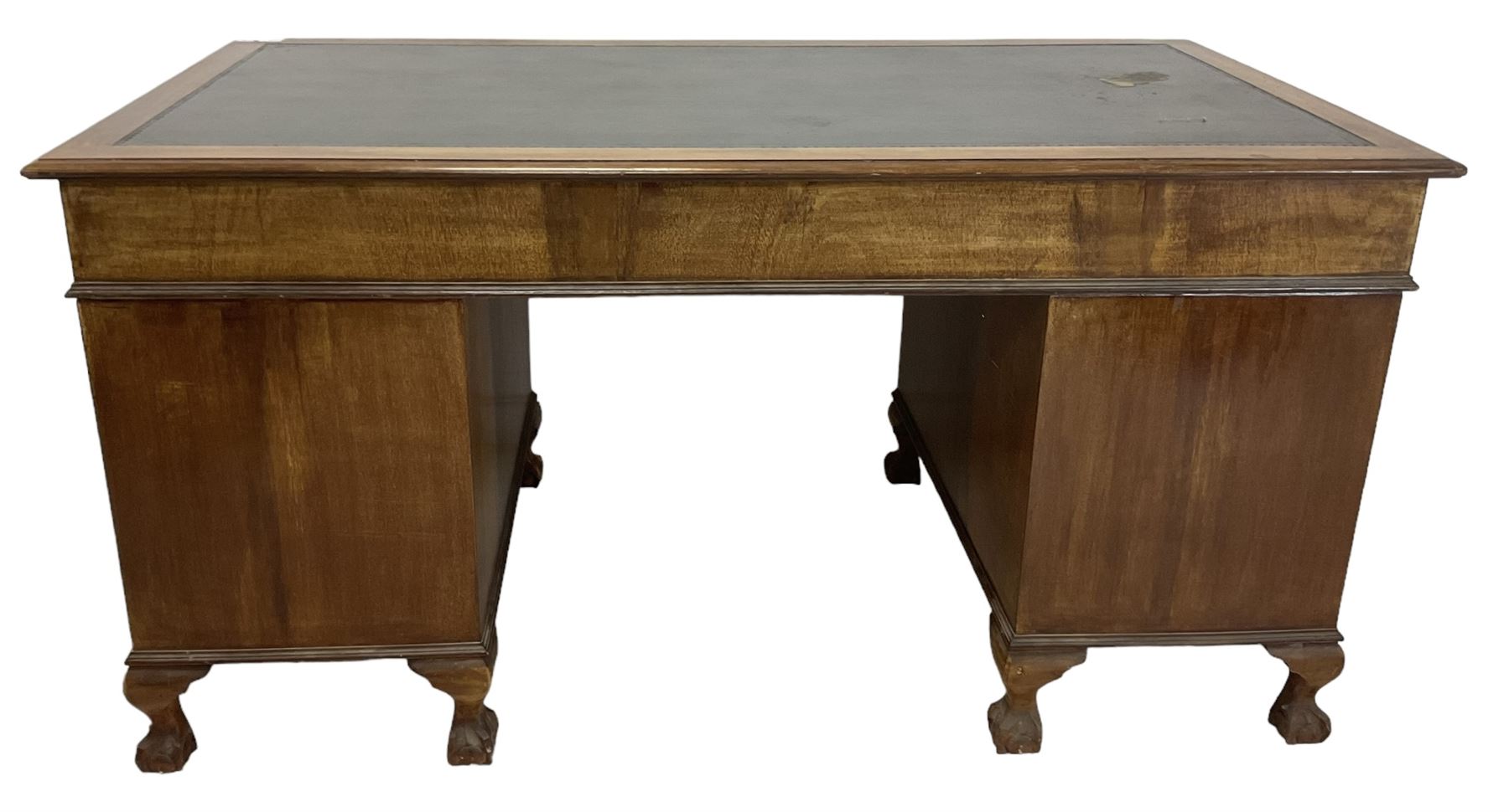 Georgian design twin pedestal desk, rectangular top with green leather inset, fitted with nine drawers, on cabriole supports with ball and claw feet 