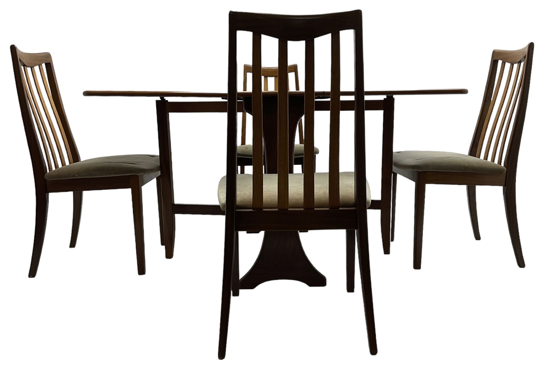 G-Plan - teak folding dining table (91cm x 136cm, H72cm), and a set of four chairs