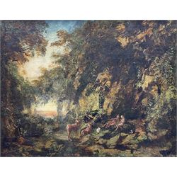 English School (18th century): 'The Garden of Eden with Adam and Eve', oil on panel signed with monogram CH?, titled on printed label verso 24cm x 31cm