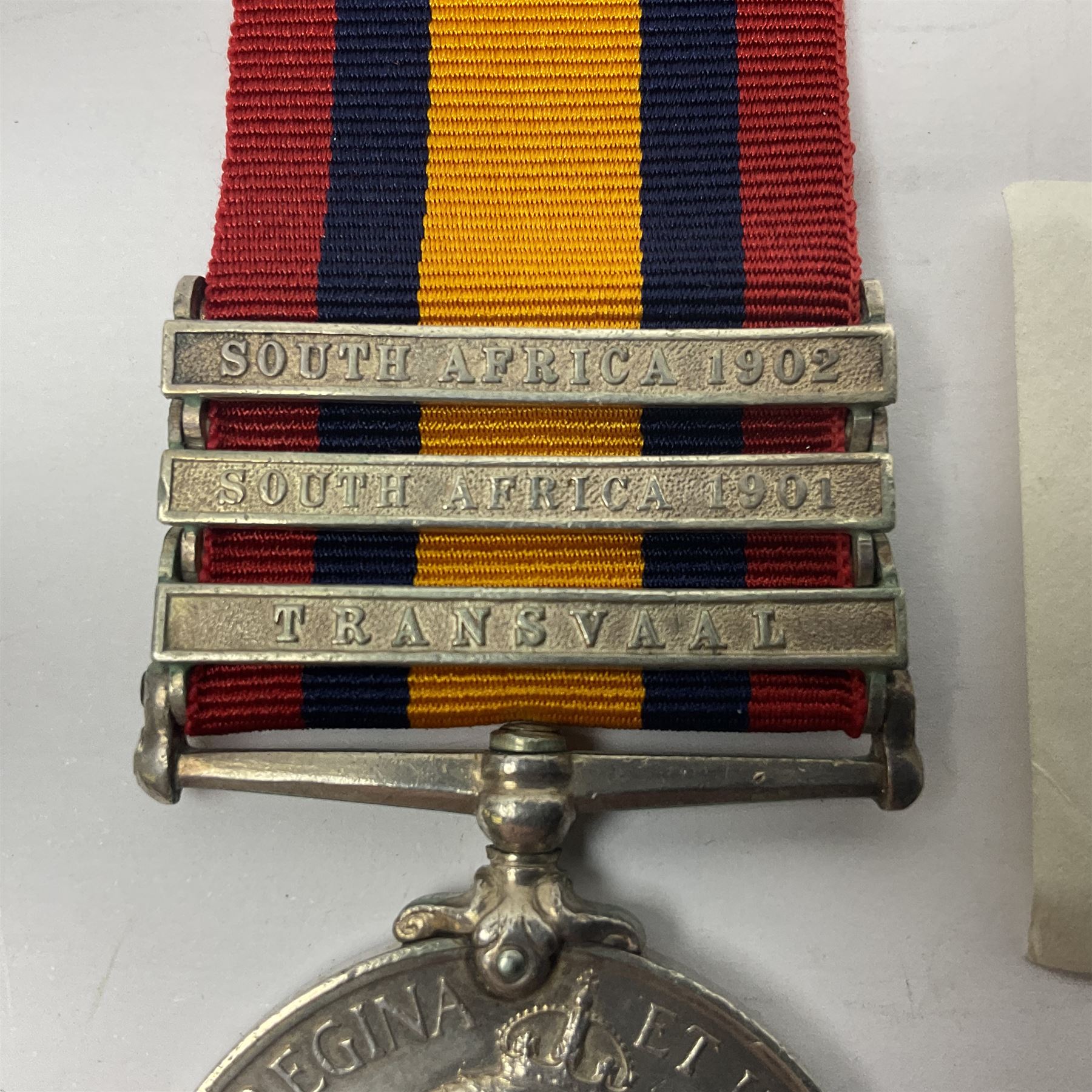 Victoria Queens South Africa Medal with Transvaal, South Africa 1901 and South Africa 1902 clasps awarded to 6769 Pte. D. Leak Liverpool Regiment; with replacement ribbon.