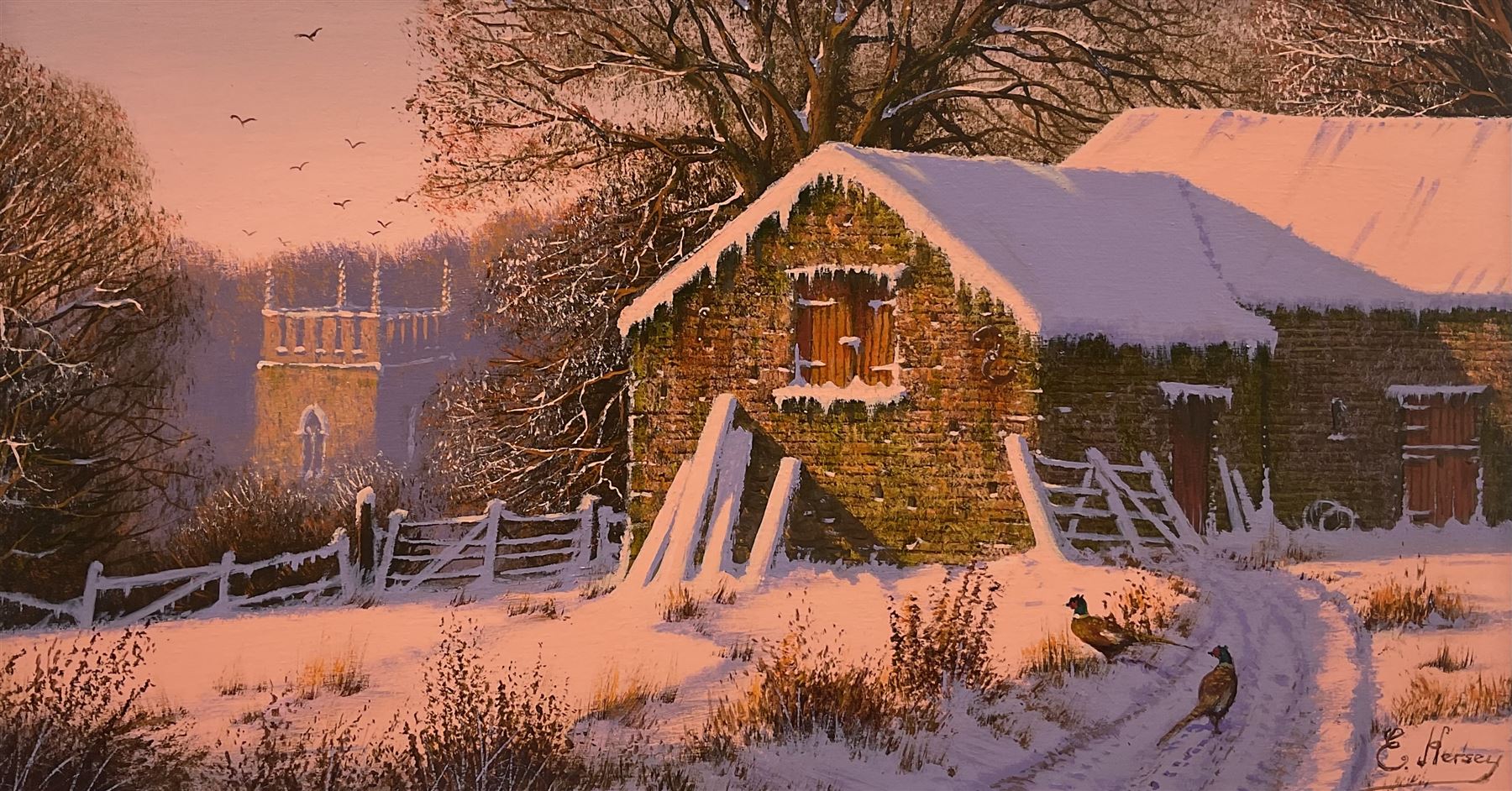 Edward Hersey (British 1948-): 'The Chimes of Winter', oil on panel signed 19cm x 34cm 