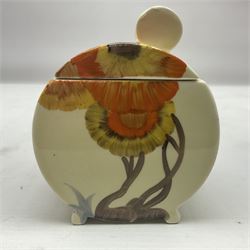 Clarice Cliff Bizarre for Wilkinson Ltd, Bon Jour shape preserve pot with cover, in Rhodanthe pattern, with printed mark beneath, H10.4cm