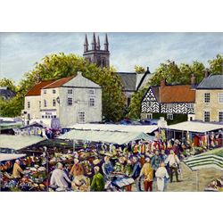 Peter Lapish (British 1937-): 'Helmsley Market Day - From the Top Deck of a Bus', acrylic on board signed, titled verso 19cm x 27cm