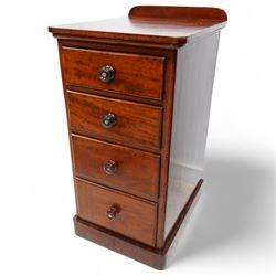 Pair of Victorian mahogany bedside pedestal chests, raised back over rectangular top with rounded front corners, fitted with four graduating drawers, on plinth base 