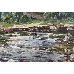 John Smith Atherton (British 1877-1943): Children Paddling in a River, oil on panel signed...