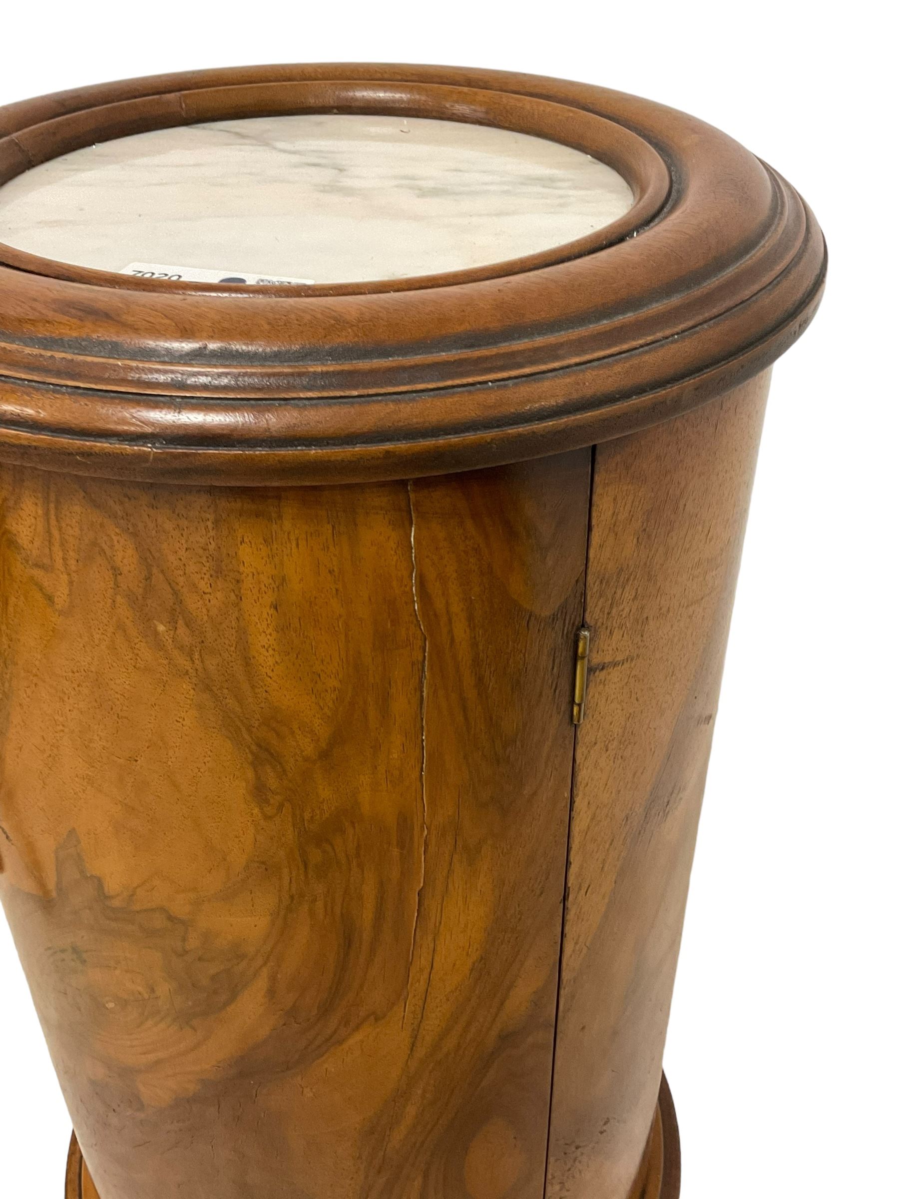 Victorian design walnut cylinder pot cupboard, white marble top in moulded circular frame, single door enclosing shelf, on moulded plinth base 