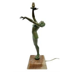 Art Deco patinated spelter table lamp, modelled as a young woman, upon a canted square alabaster plinth, H49.5cm