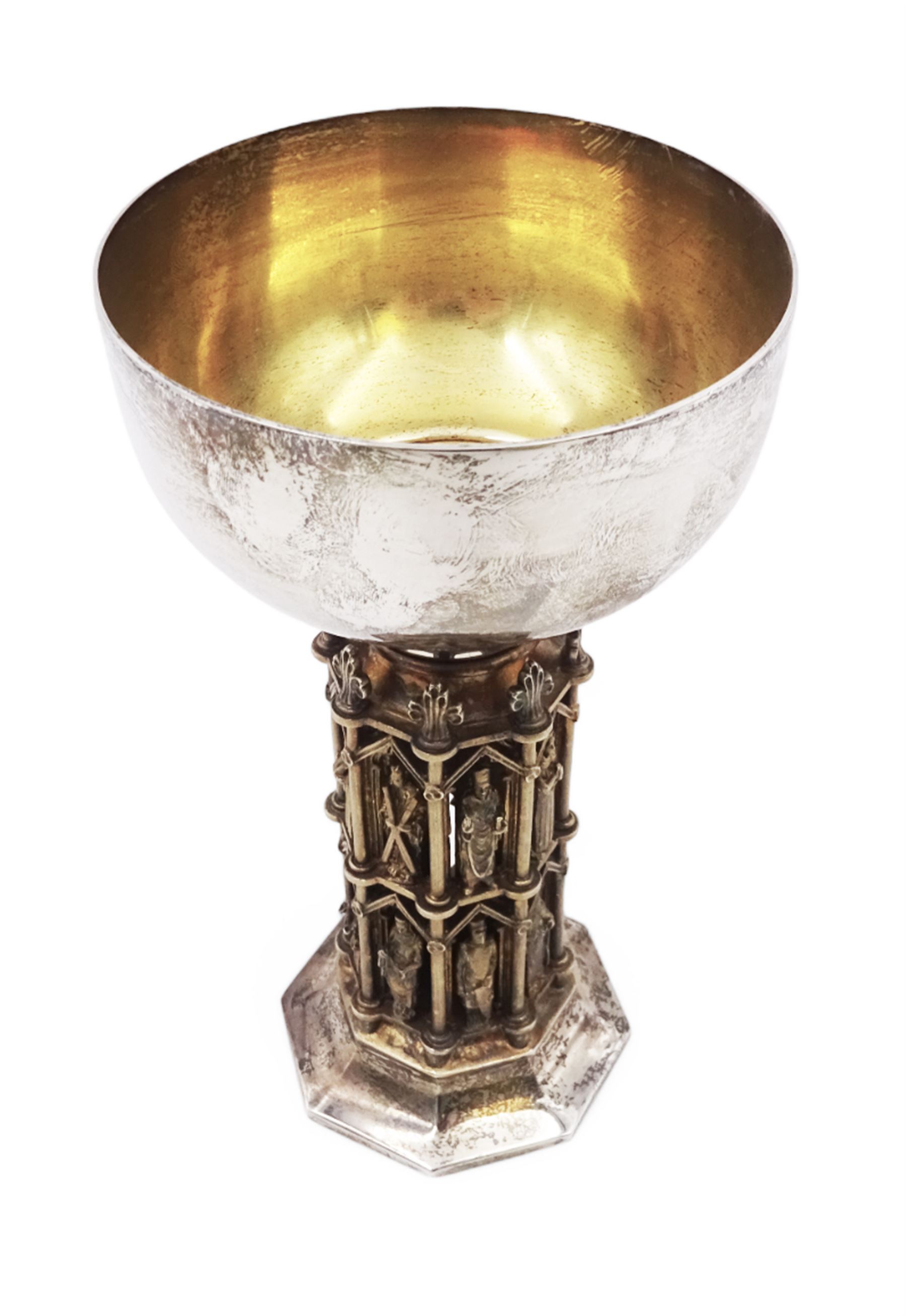 Modern limited edition silver goblet, 'made by order of The Dean and Chapter for the celebration of the eighth centenary of Wells Cathedral in 1982', designed by Hector Miller for Aurum, the plain circular bowl with parcel gilt interior, upon an ornate figural parcel gilt stem and an octagonal foot, no. 80/800, hallmarked Hector Miller, London 1982, H17cm