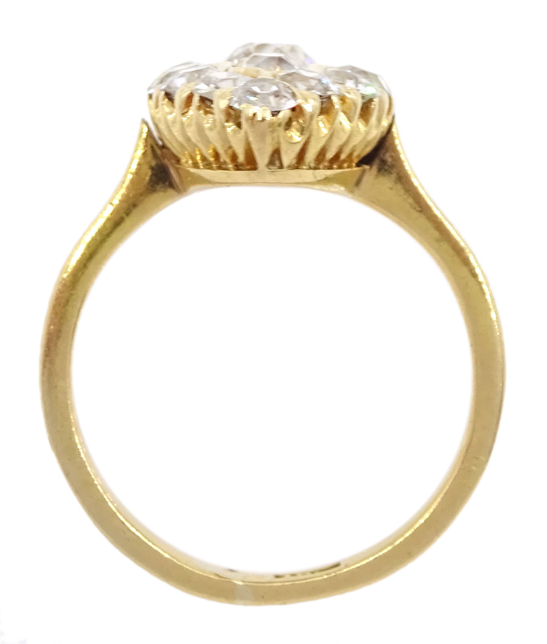 Early 20th century gold old cut diamond marquise shaped ring, stamped 18ct, total diamond weight approx 1.50 carat