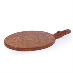 Mouseman - tooled oak cheeseboard, oval form with projecting handle carved with mouse signature, by the workshop of Robert Thompson