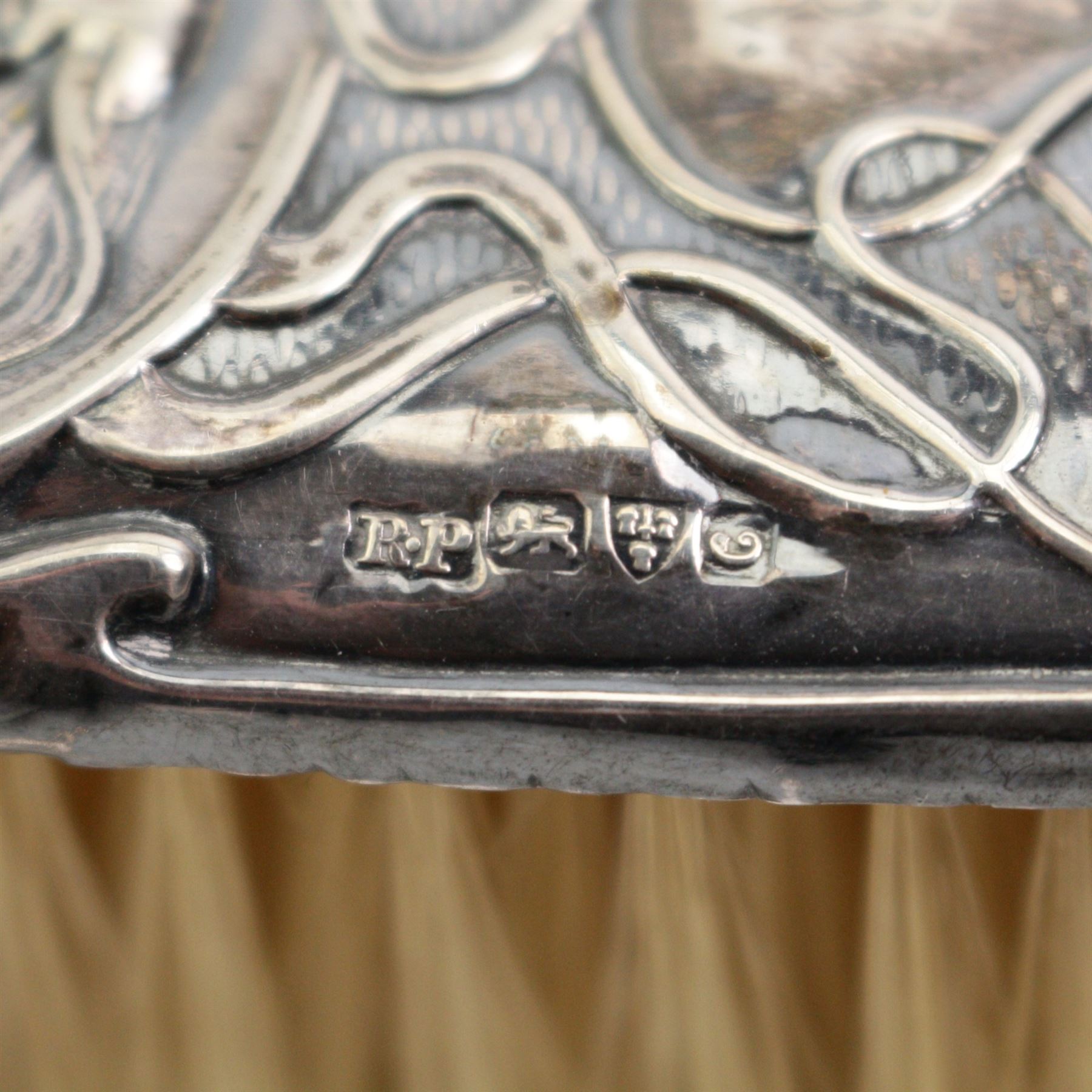 Pair of Art Nouveau silver backed clothes brushes with female figures holding zithers Chester 1903 Maker Rolason Bros and a pair of sugar nips 