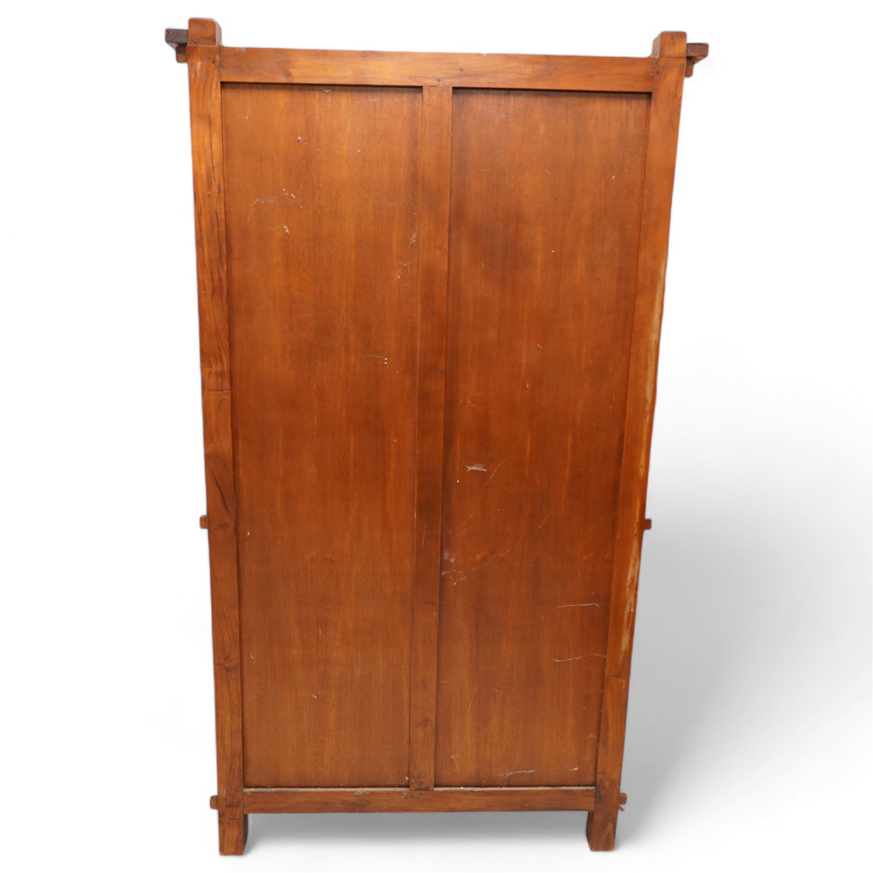 20th century reclaimed hardwood bookcase display cabinet, fitted with two glazed doors above two drawers, two slatted cupboards to base